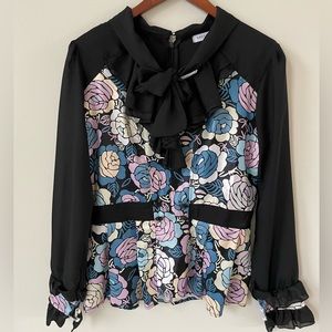 Floral Black Tie Neck Blouse.